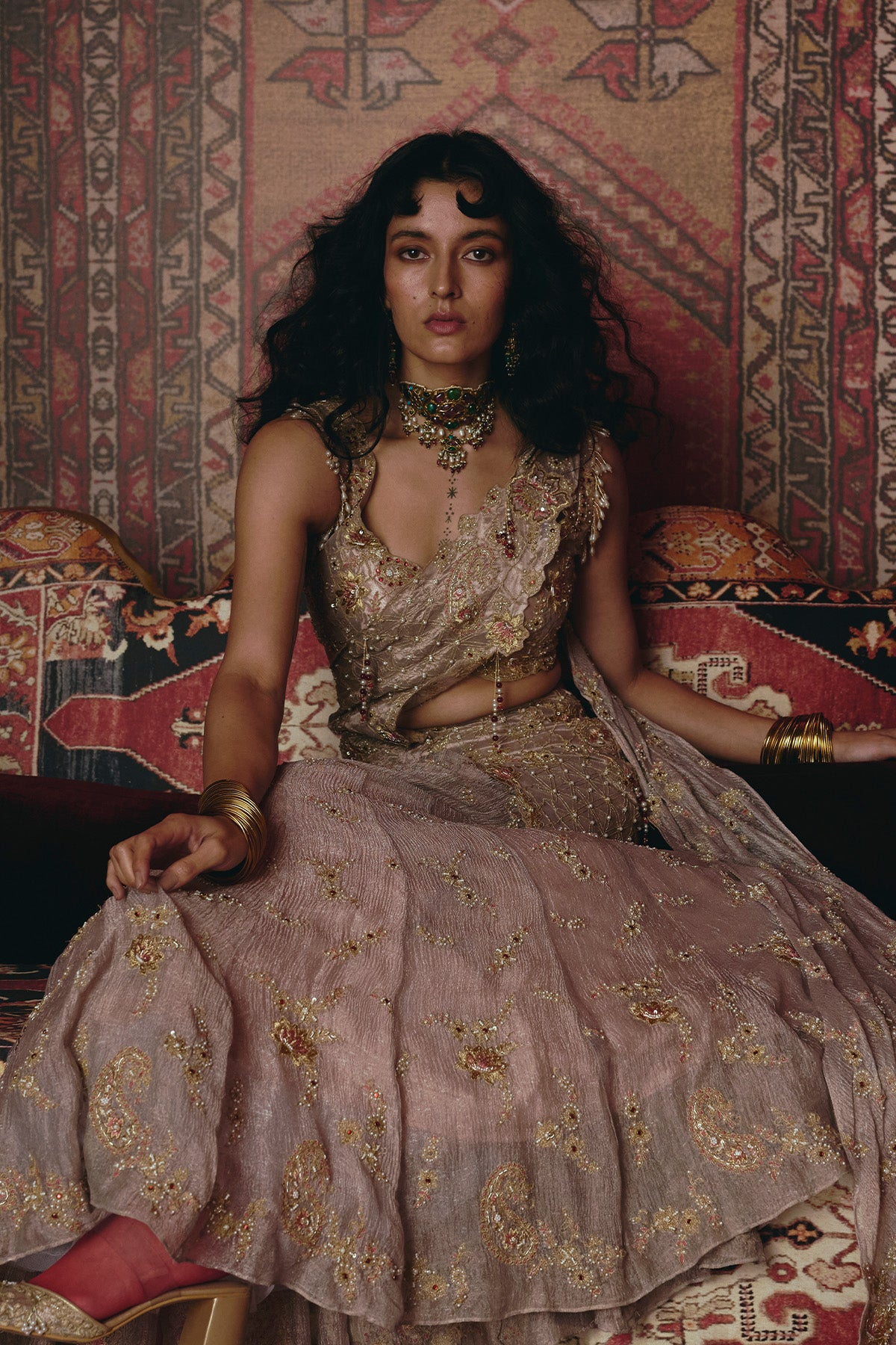 Rose Gold Drape Saree and Blouse Set