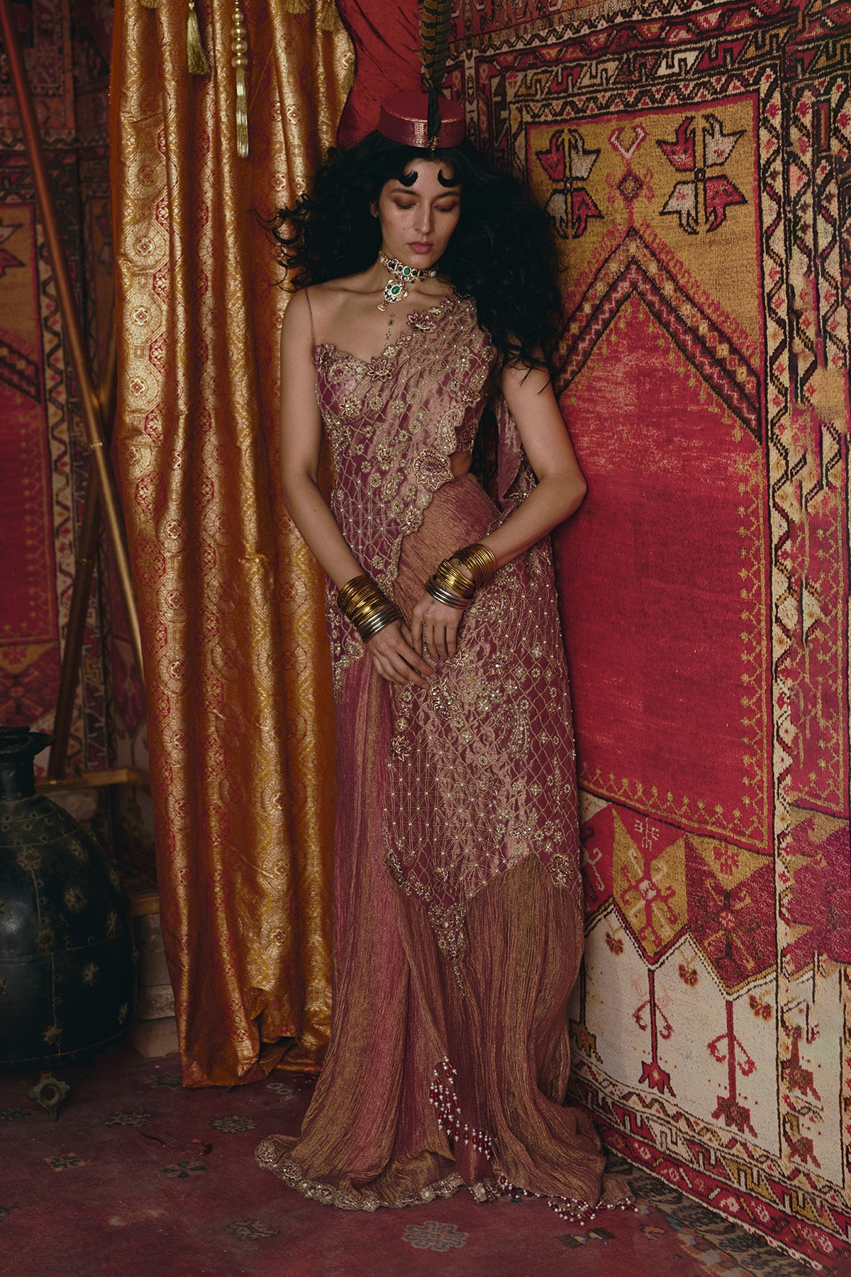 Blush Pink Drape Saree and Blouse Set