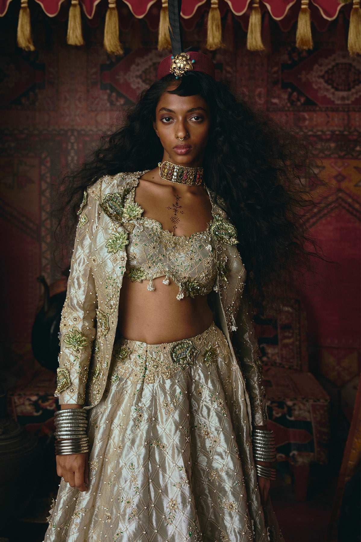 Pearl Gold 3D Flower Lehenga Set