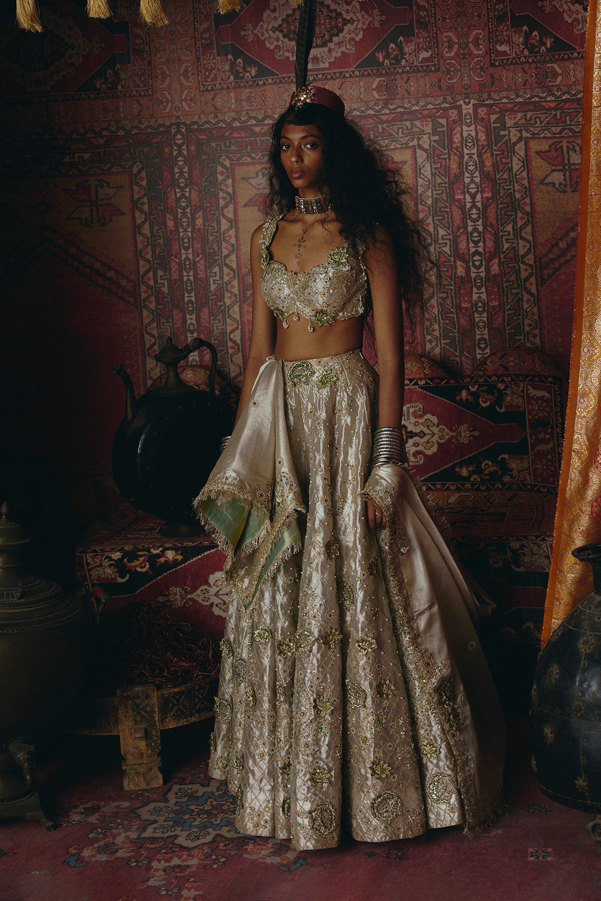 Pearl Gold 3D Flower Lehenga Set