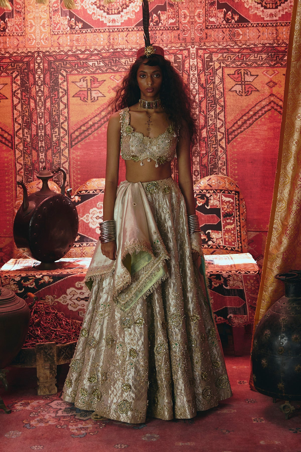 Pearl Gold 3D Flower Lehenga Set