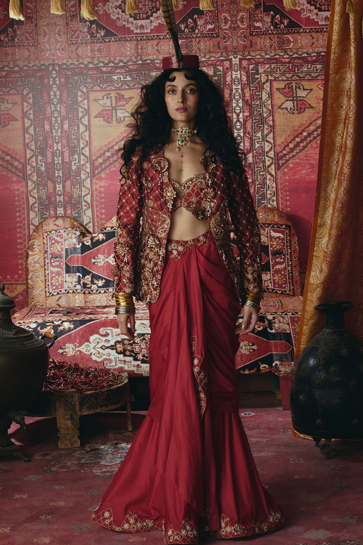 Maroon Drape Skirt, Jacket and Bustier Set