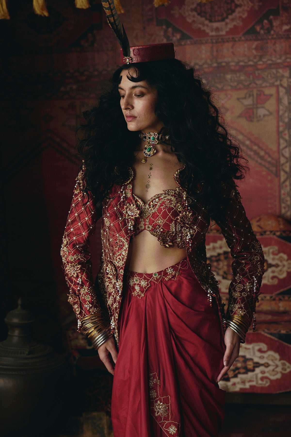 Maroon Drape Skirt, Jacket and Bustier Set