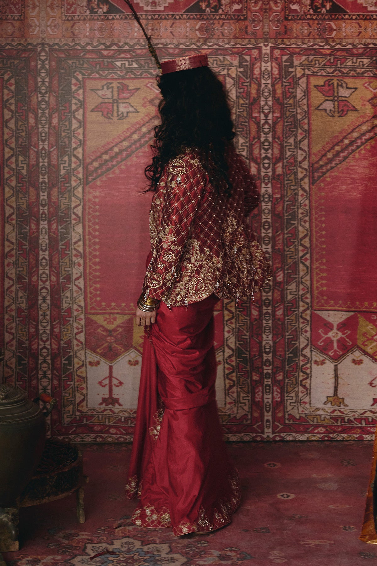 Maroon Drape Skirt, Jacket and Bustier Set