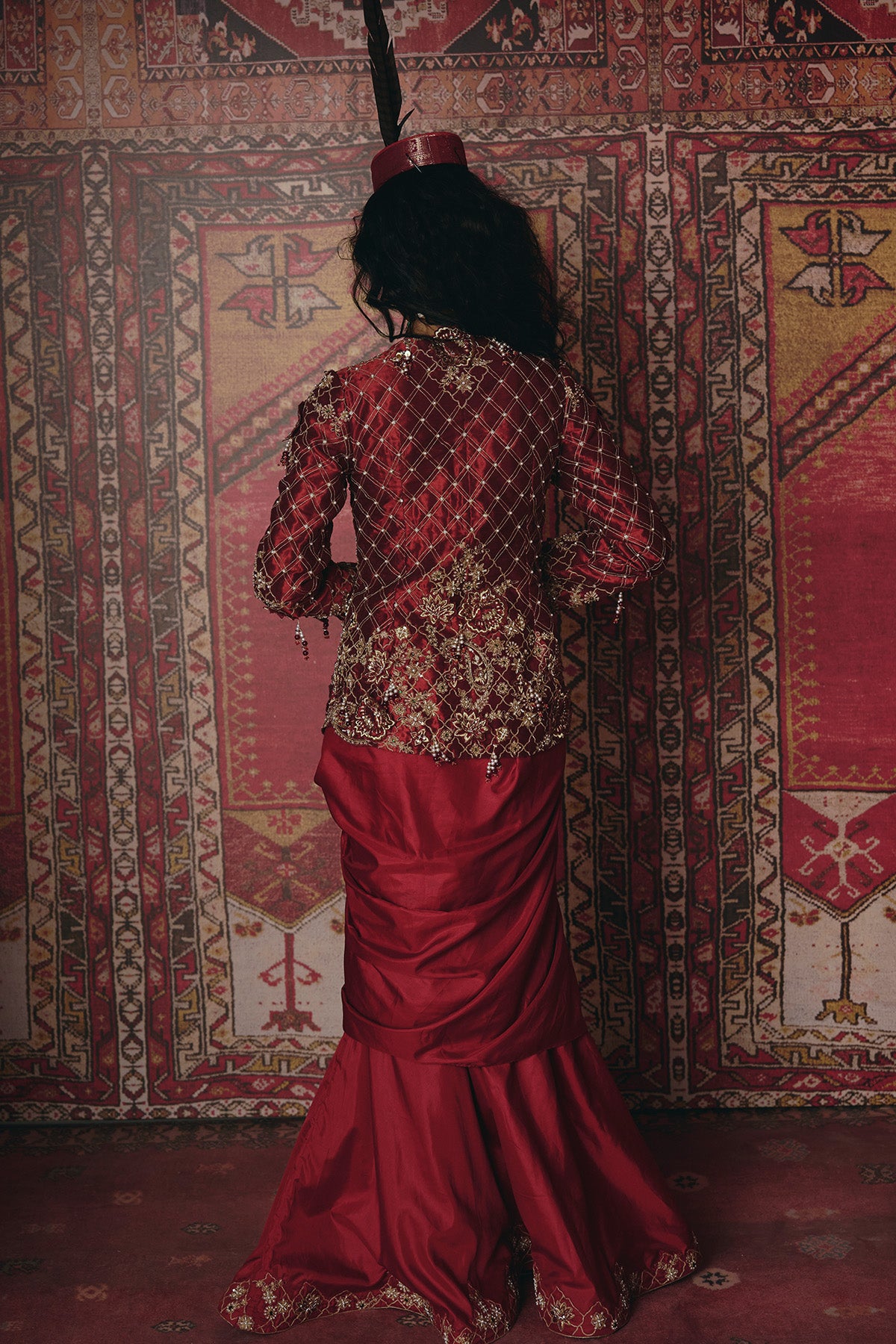 Maroon Drape Skirt, Jacket and Bustier Set