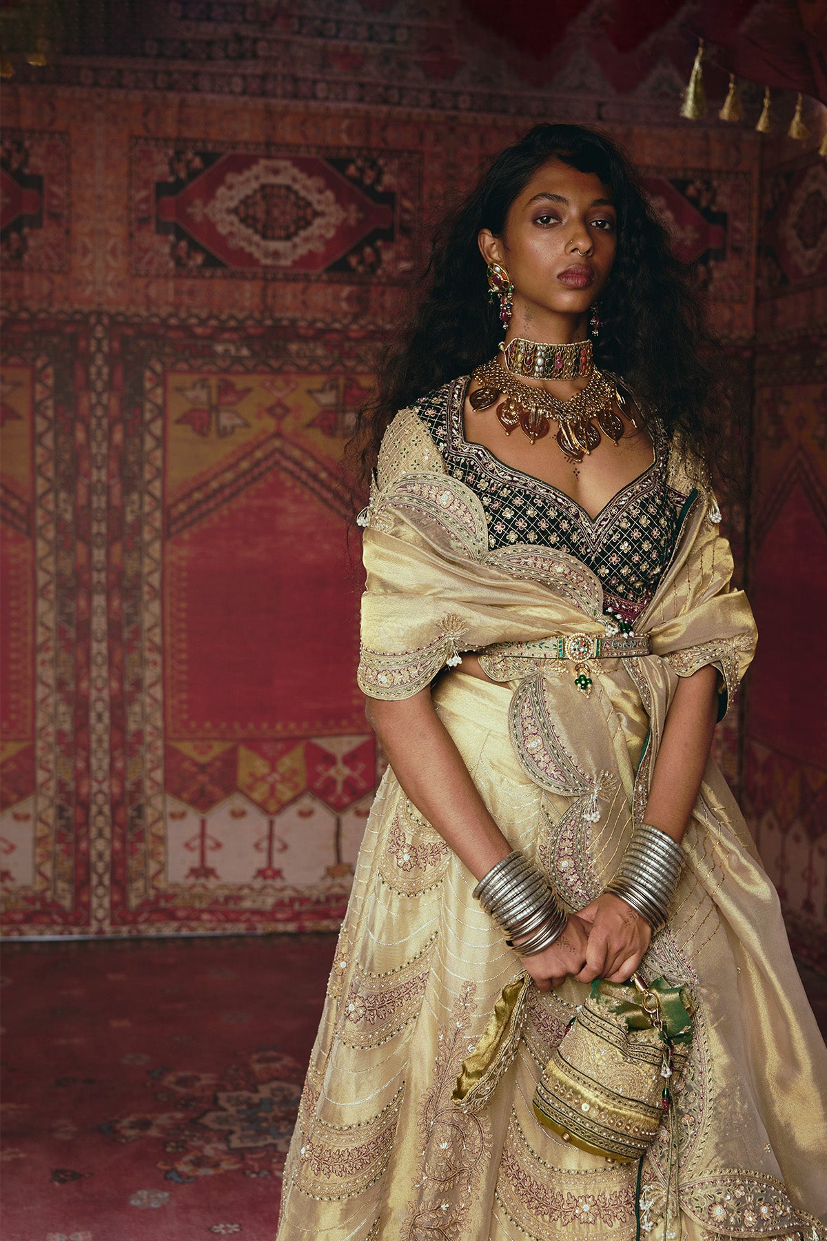 Gold and Dark Green Pure Tissue and Velvet Lehenga Set