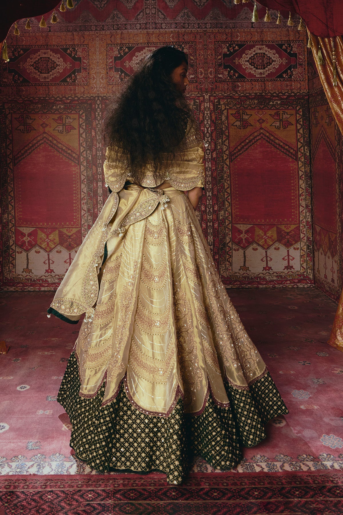 Gold and Dark Green Pure Tissue and Velvet Lehenga Set