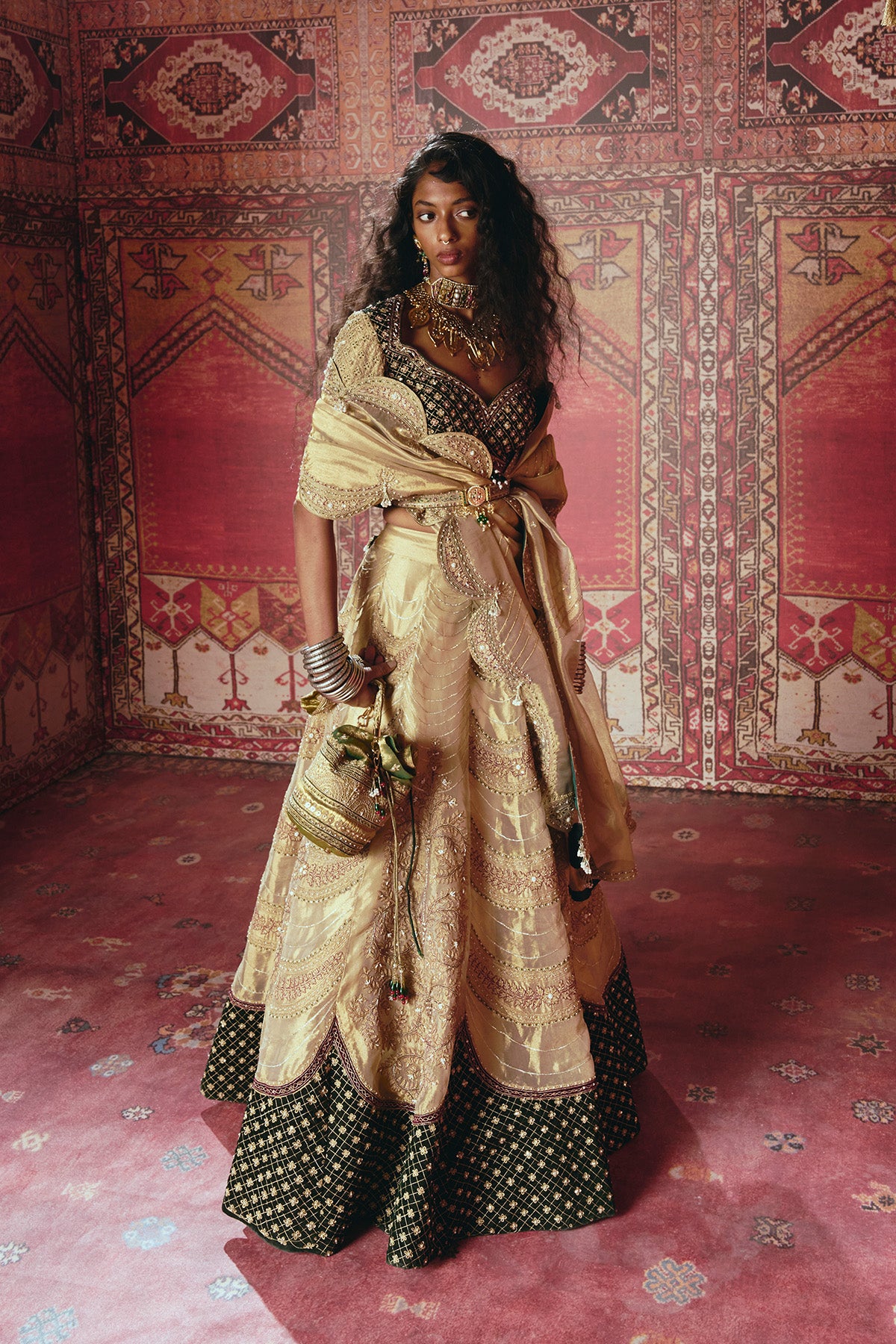 Gold and Dark Green Pure Tissue and Velvet Lehenga Set