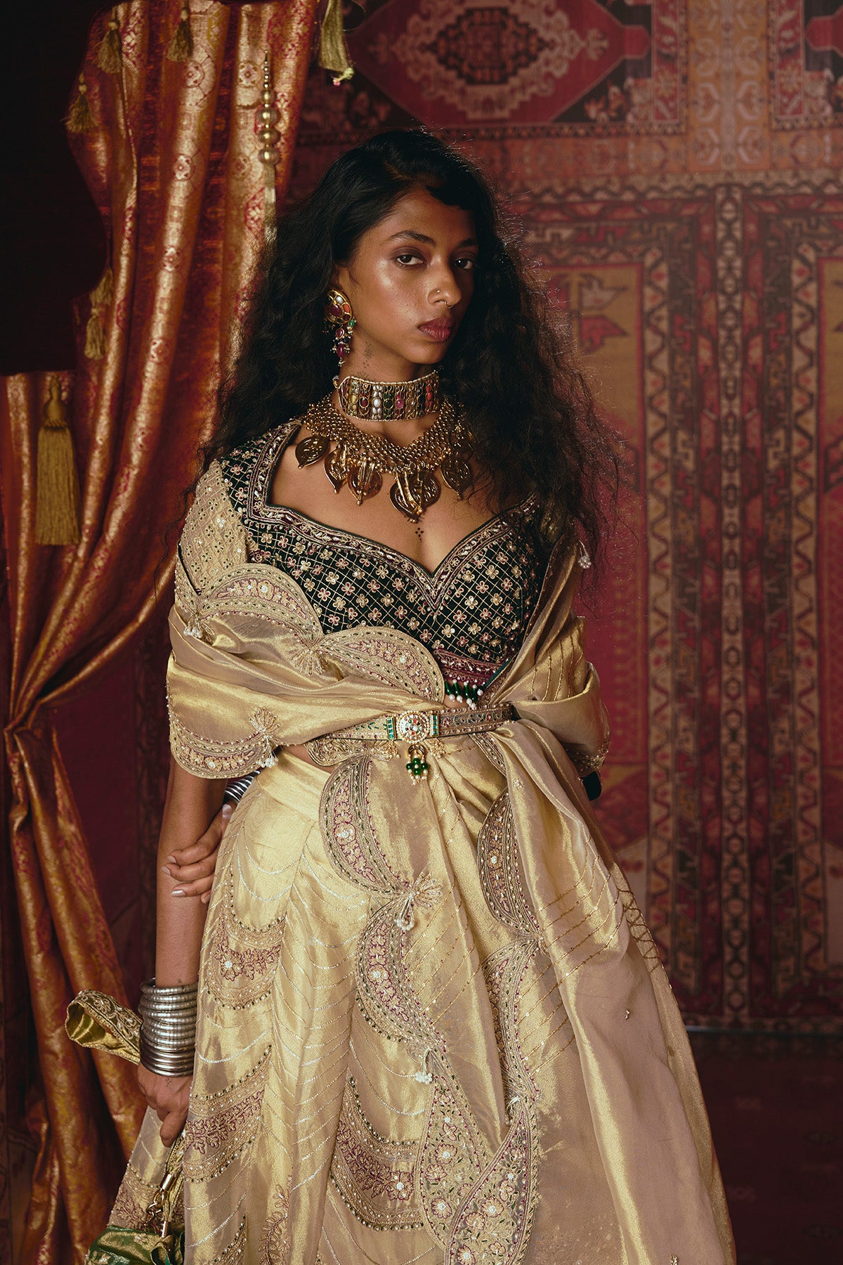 Gold and Dark Green Pure Tissue and Velvet Lehenga Set