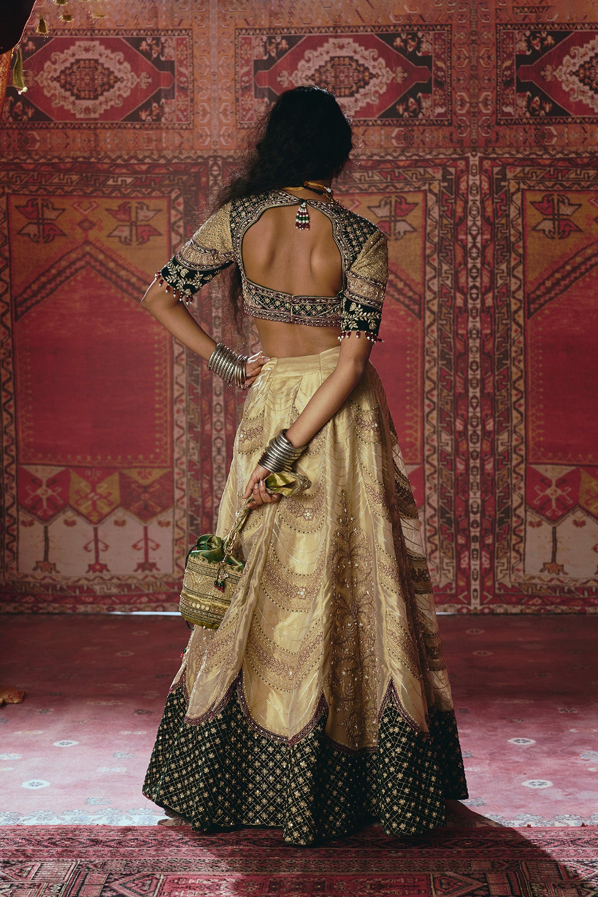 Gold and Dark Green Pure Tissue and Velvet Lehenga Set