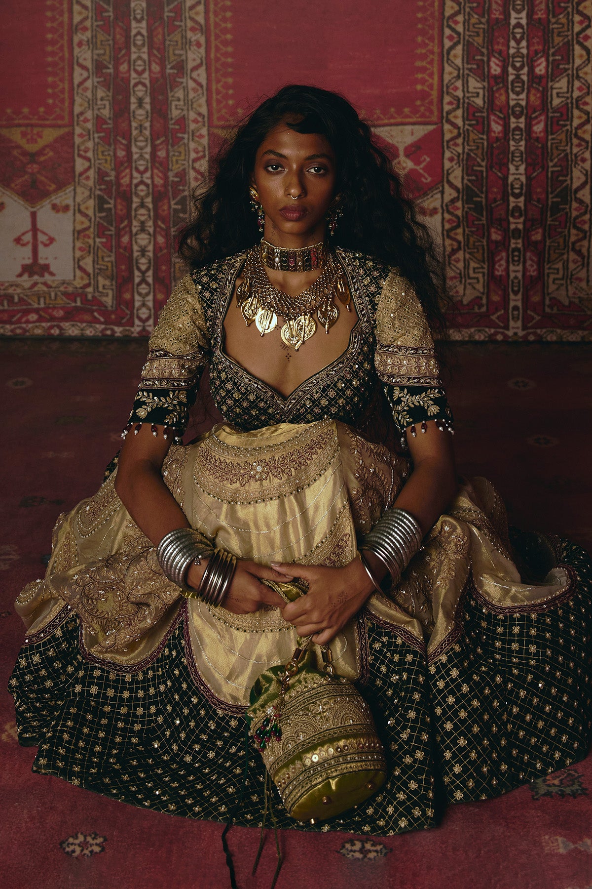 Gold and Dark Green Pure Tissue and Velvet Lehenga Set