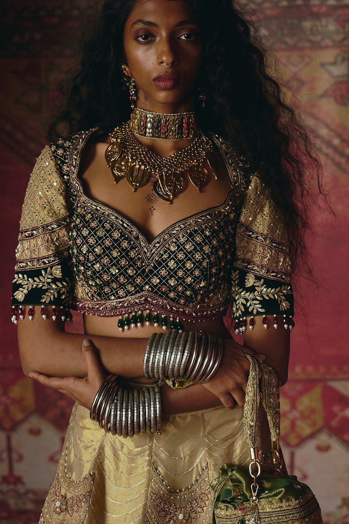 Gold and Dark Green Pure Tissue and Velvet Lehenga Set