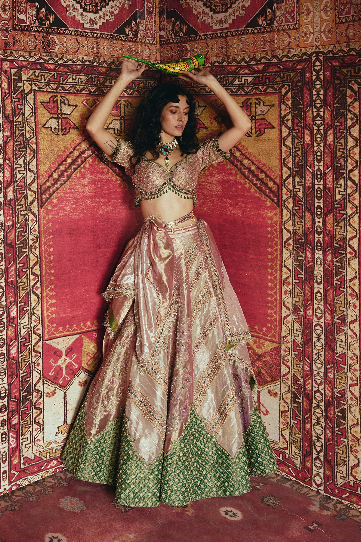 Pink and Rose Gold Pure Tissue with Green Banarsi Lehenga Set