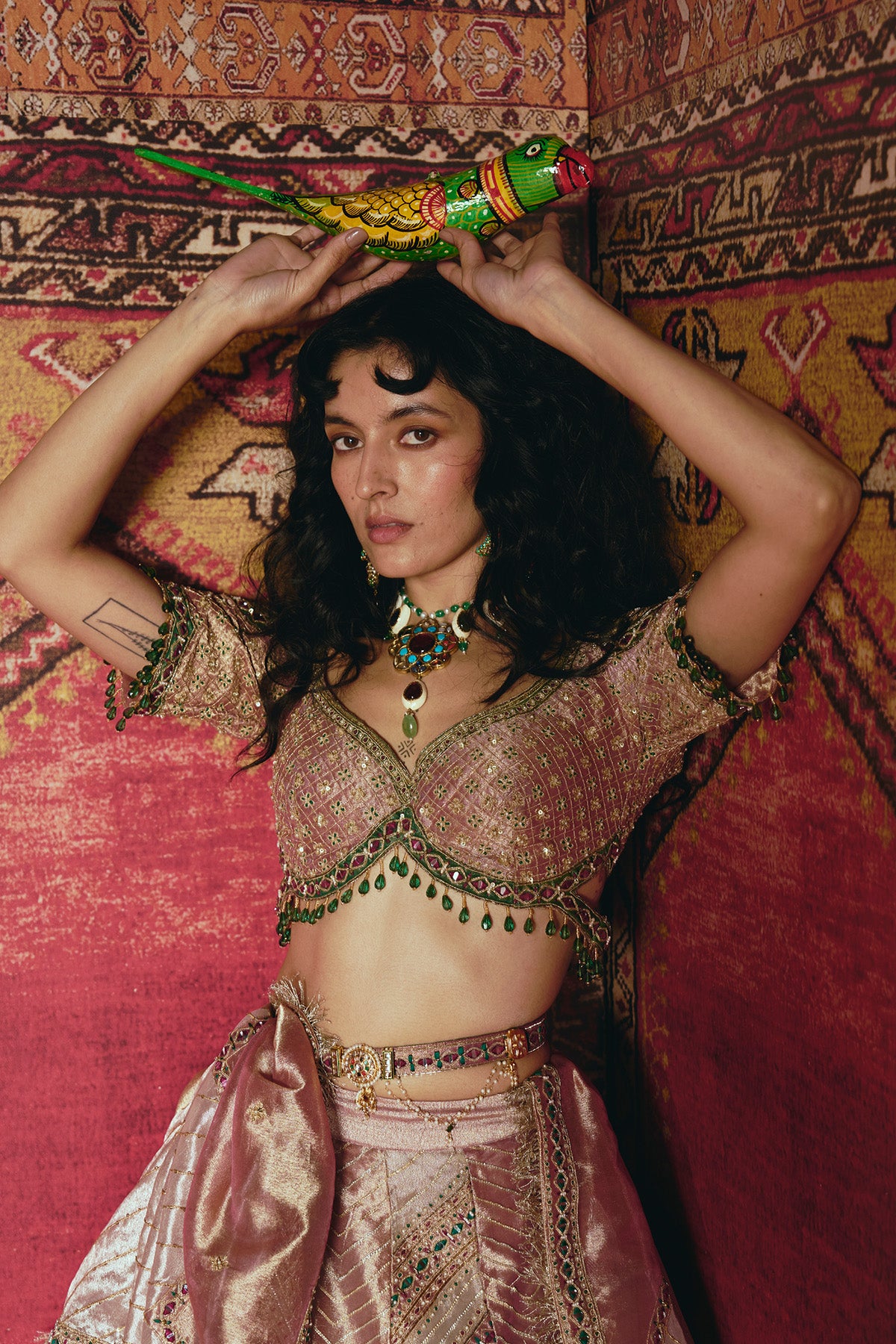 Pink and Rose Gold Pure Tissue with Green Banarsi Lehenga Set