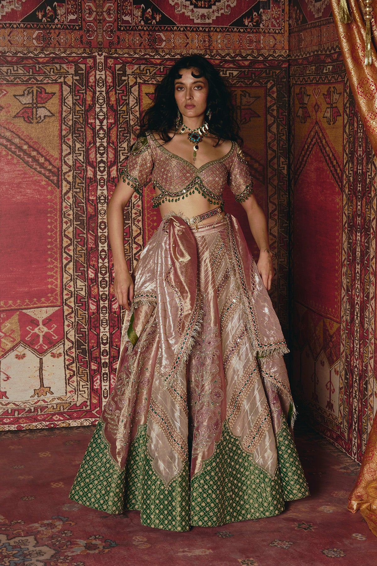 Pink and Rose Gold Pure Tissue with Green Banarsi Lehenga Set