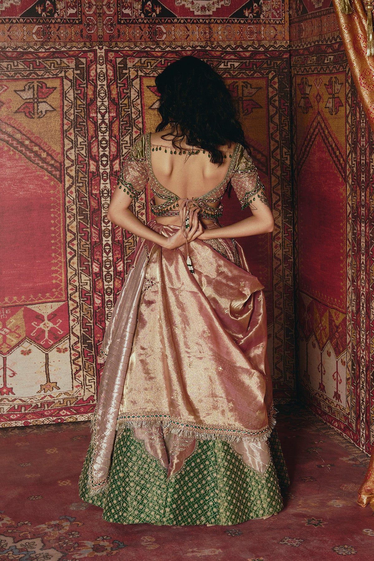 Pink and Rose Gold Pure Tissue with Green Banarsi Lehenga Set