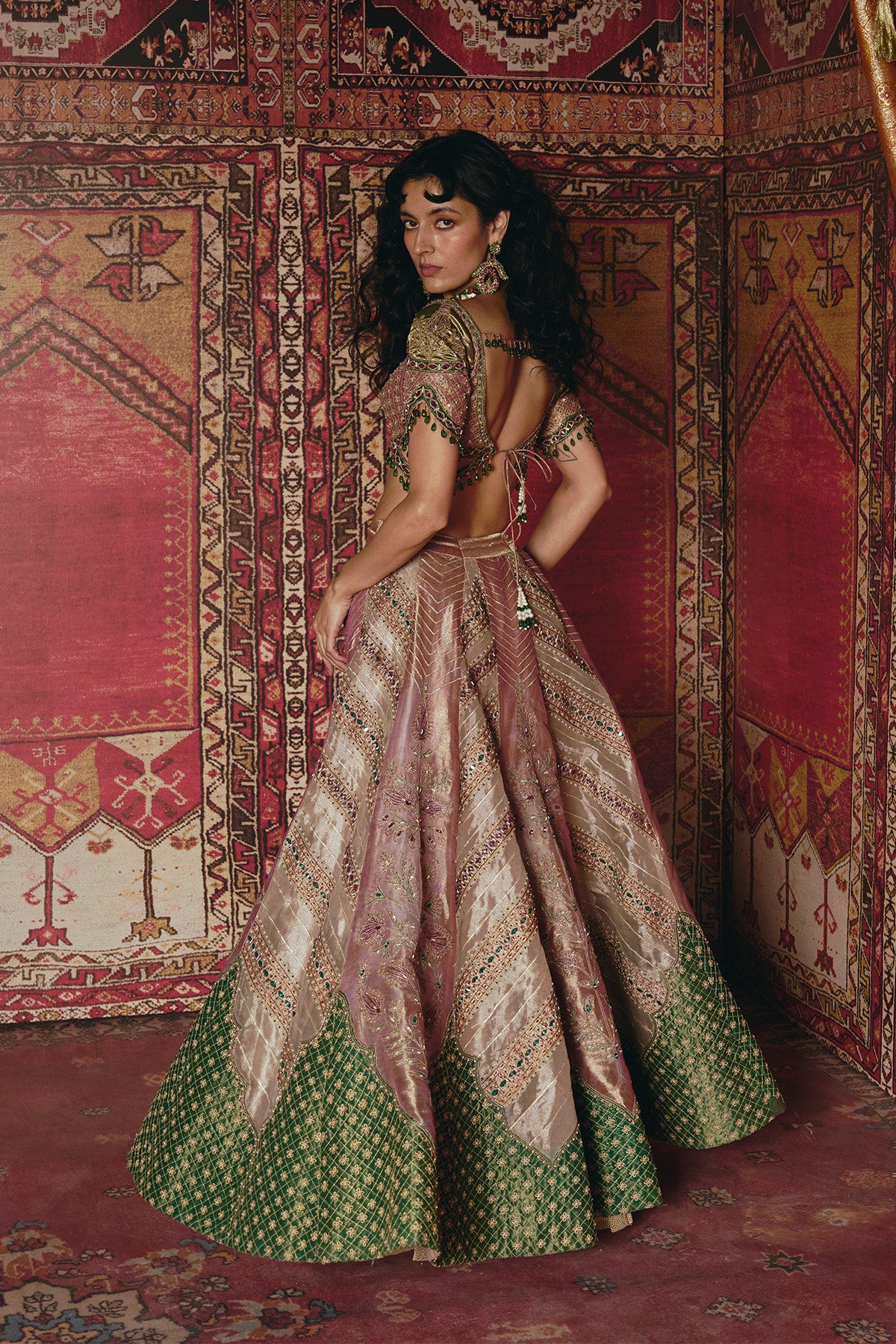 Pink and Rose Gold Pure Tissue with Green Banarsi Lehenga Set