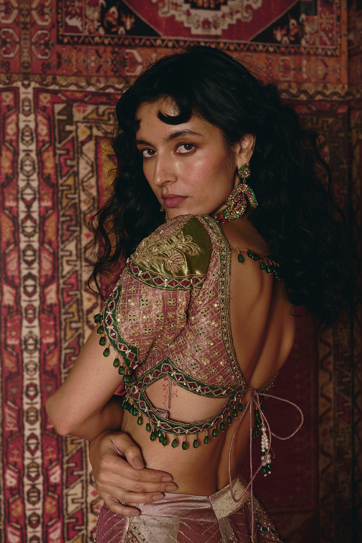 Pink and Rose Gold Pure Tissue with Green Banarsi Lehenga Set