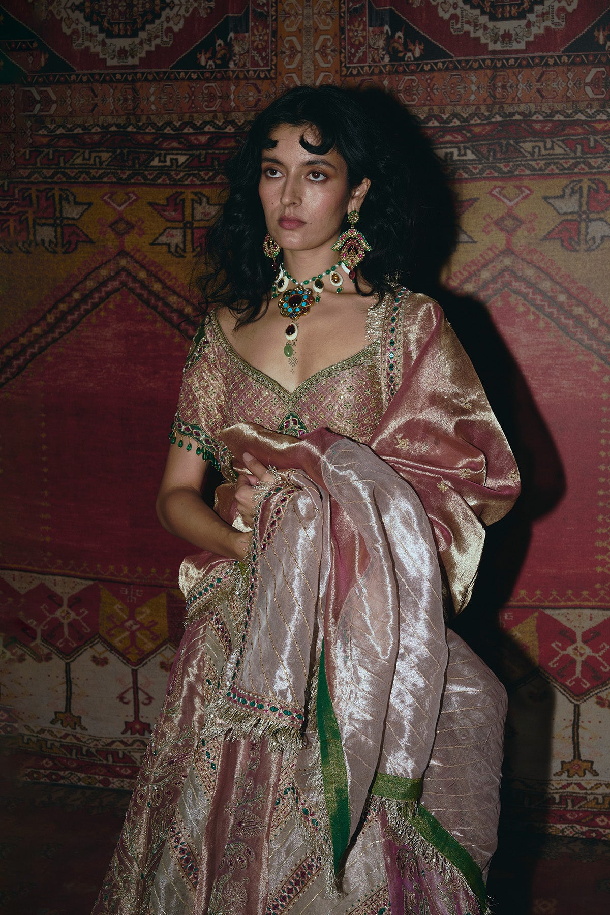 Pink and Rose Gold Pure Tissue with Green Banarsi Lehenga Set