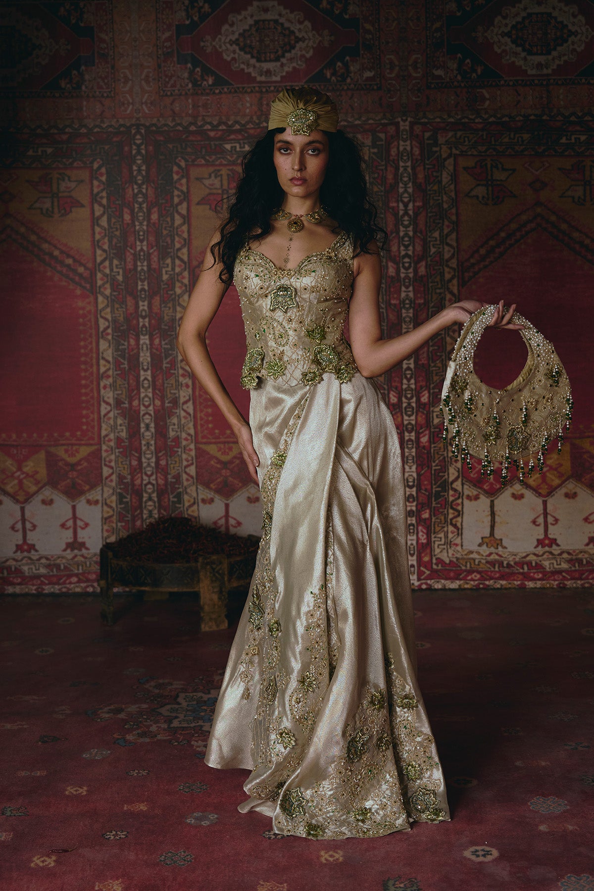 Pearl-Gold Draped Skirt and Corset Set