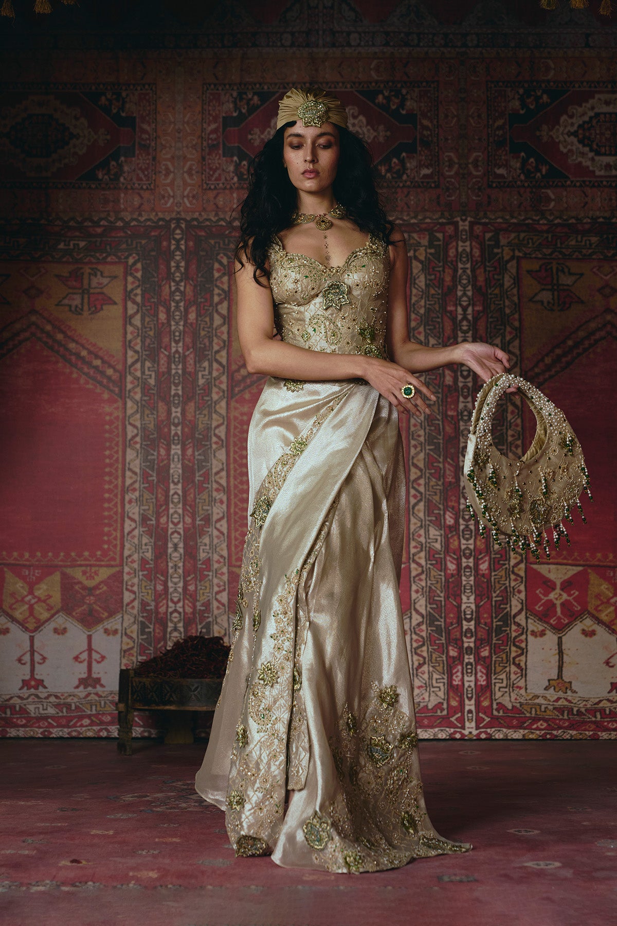 Pearl-Gold Draped Skirt and Corset Set