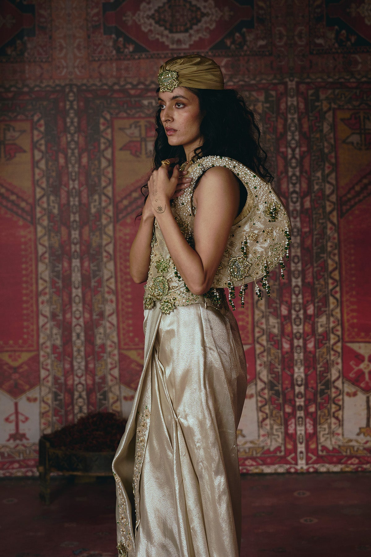 Pearl-Gold Draped Skirt and Corset Set