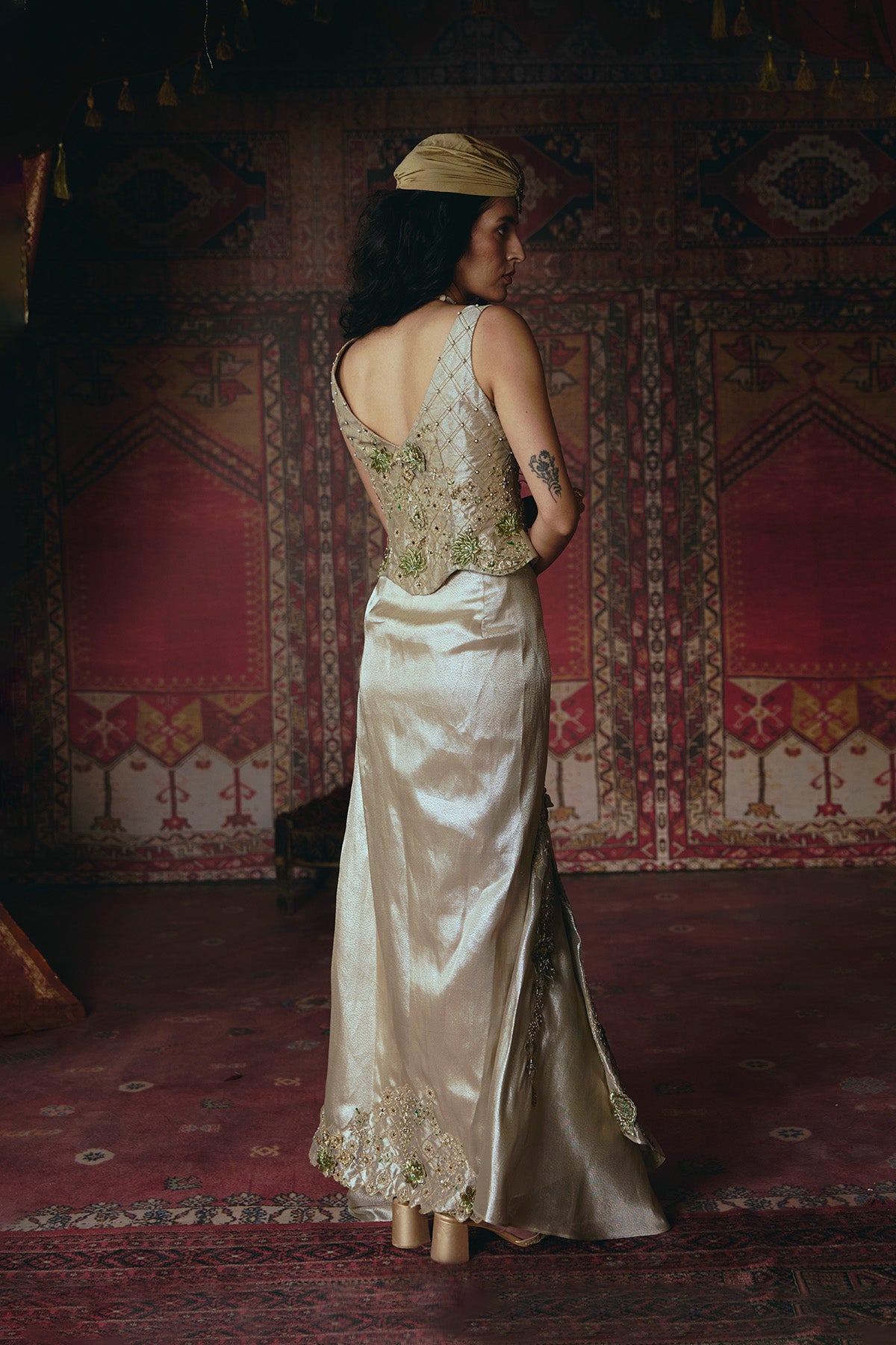 Pearl-Gold Draped Skirt and Corset Set