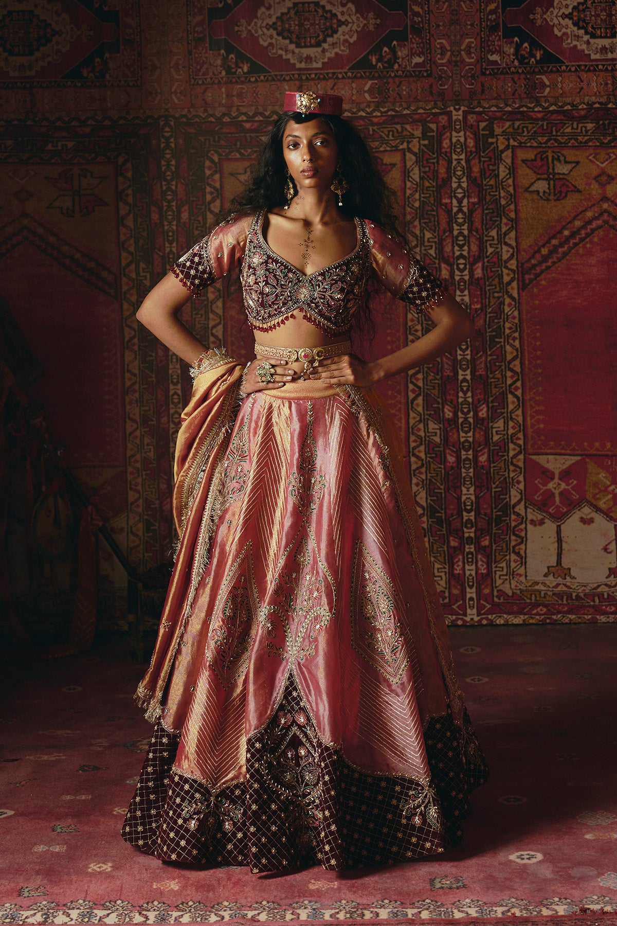 Blush Pink Pure Tissue and Maroon Velvet Lehenga Set