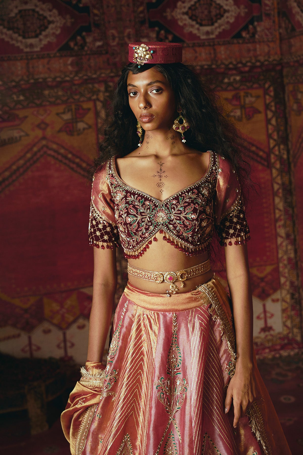 Blush Pink Pure Tissue and Maroon Velvet Lehenga Set