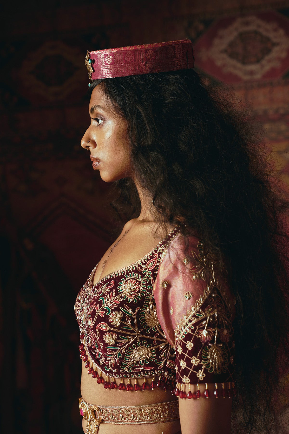 Blush Pink Pure Tissue and Maroon Velvet Lehenga Set