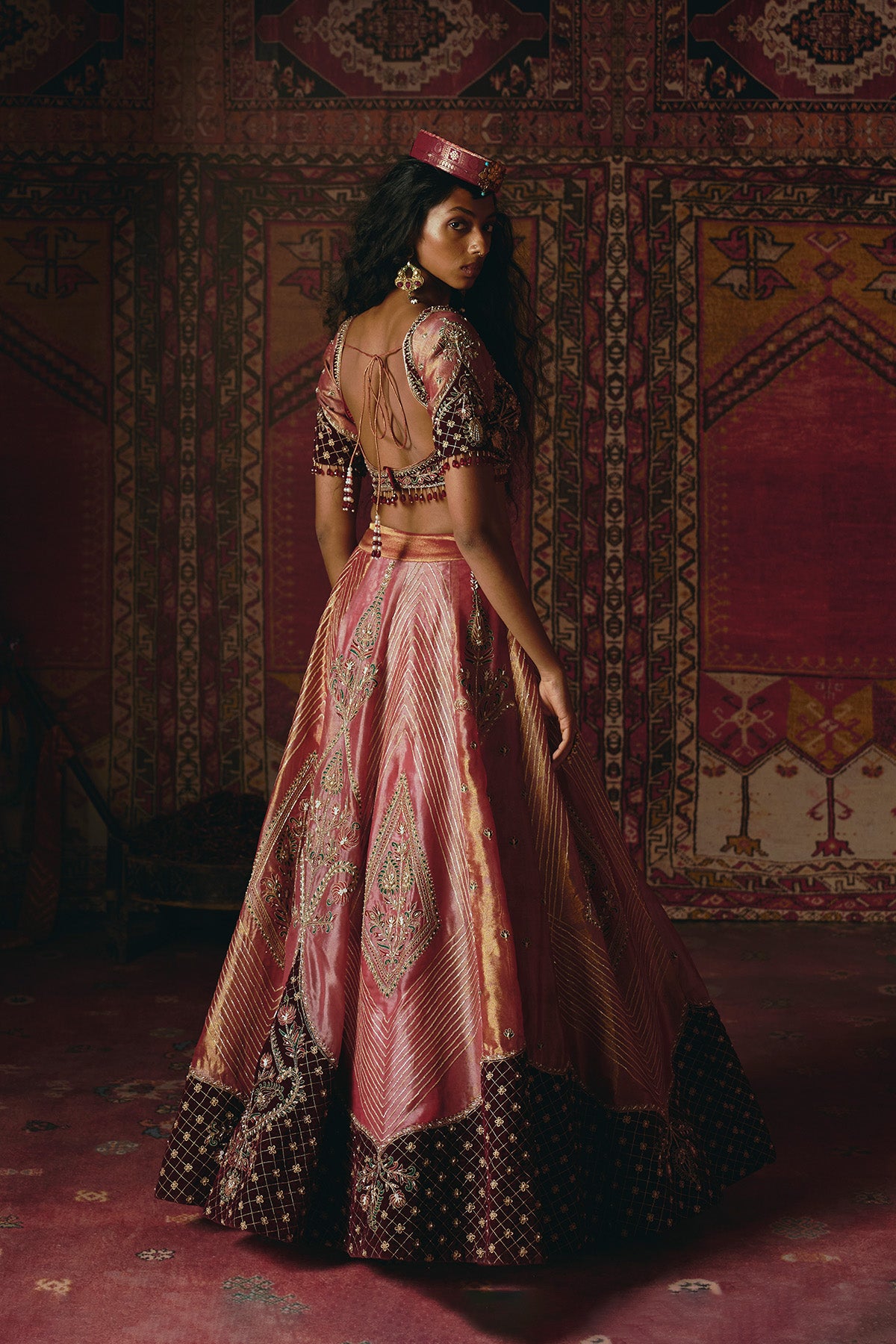 Blush Pink Pure Tissue and Maroon Velvet Lehenga Set