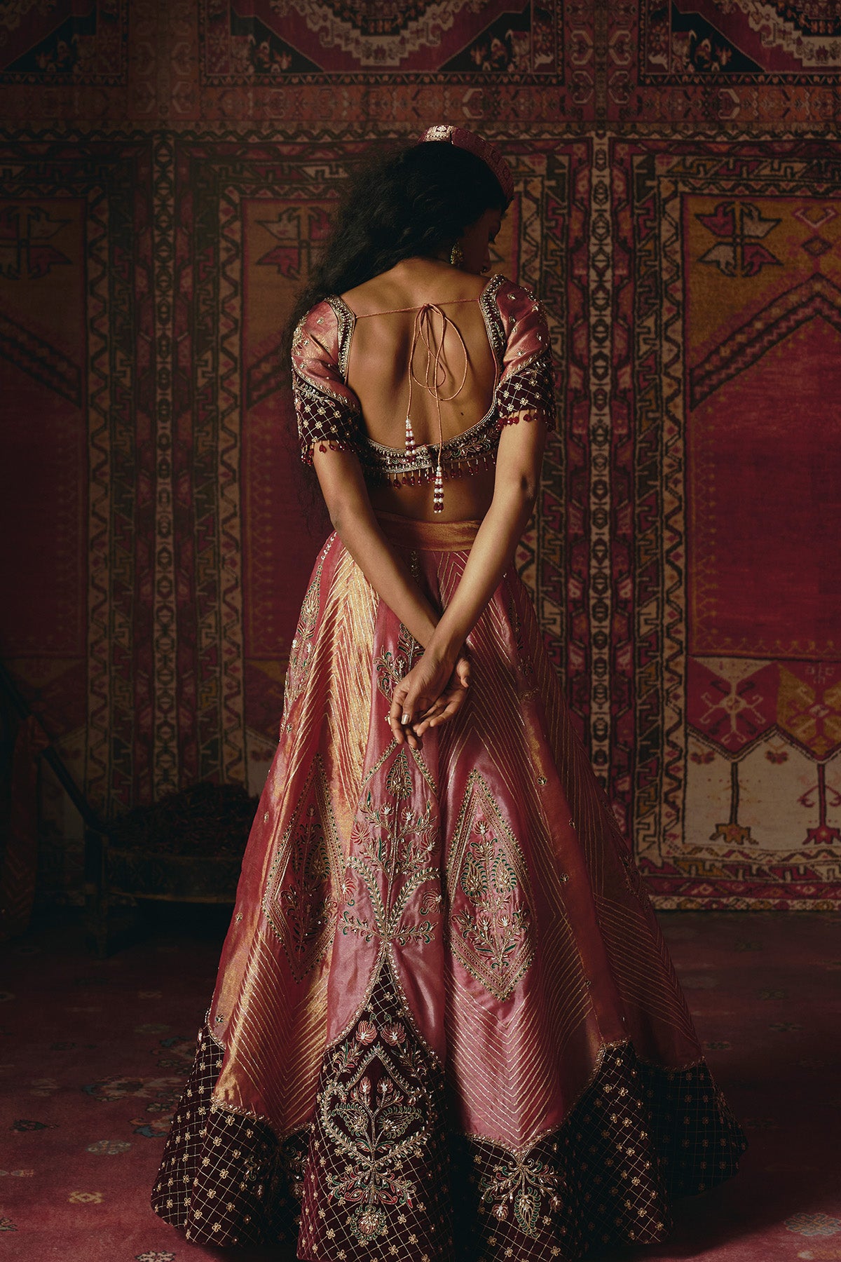 Blush Pink Pure Tissue and Maroon Velvet Lehenga Set