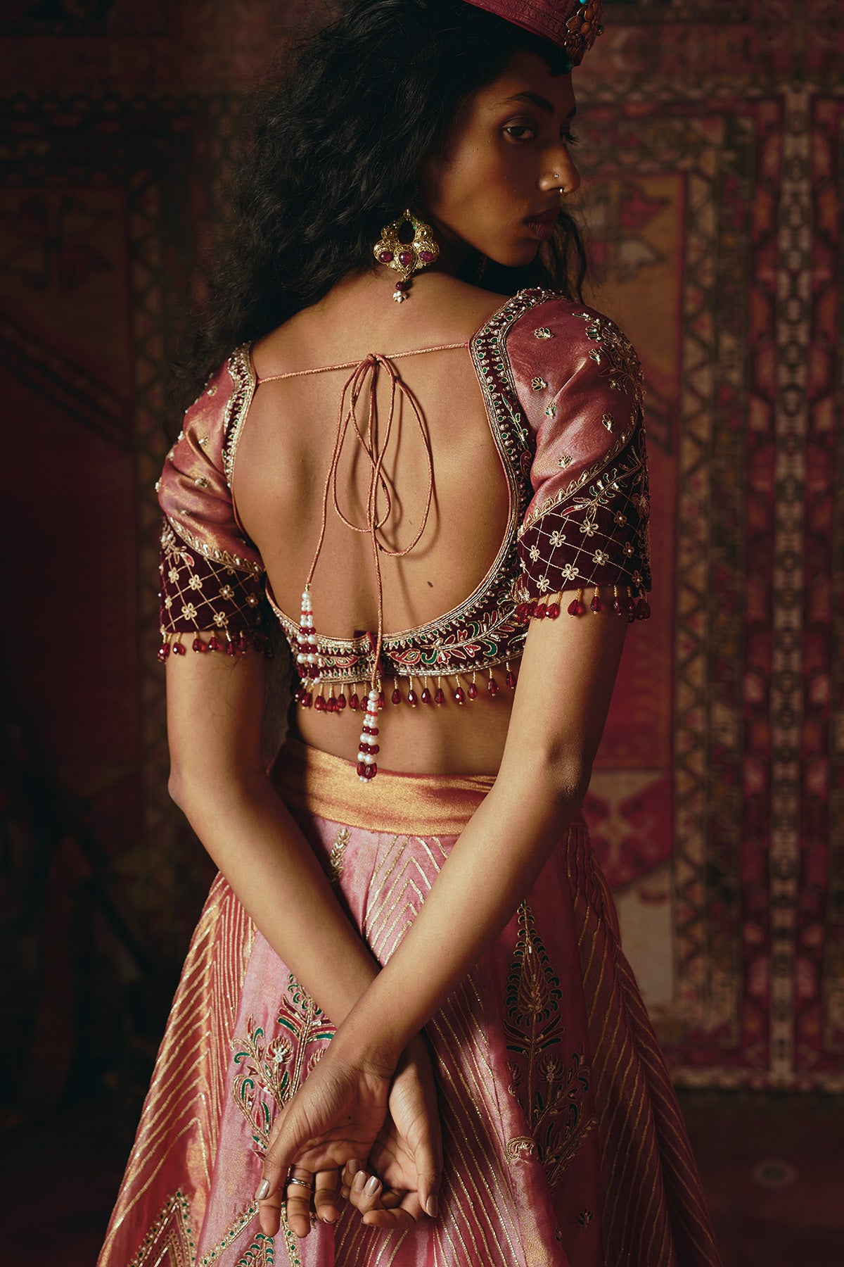 Blush Pink Pure Tissue and Maroon Velvet Lehenga Set