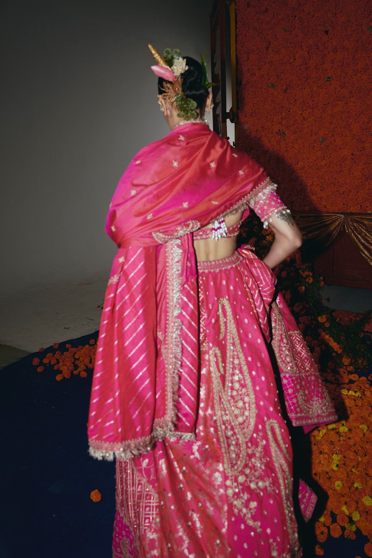 Abstract Pink and Peach Silk Banarsi Lehenga Set