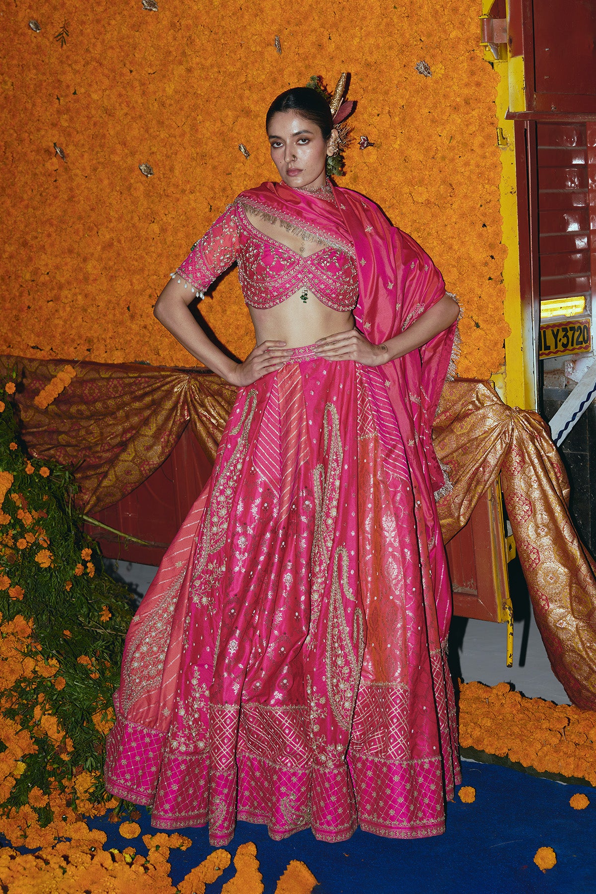 Abstract Pink and Peach Silk Banarsi Lehenga Set