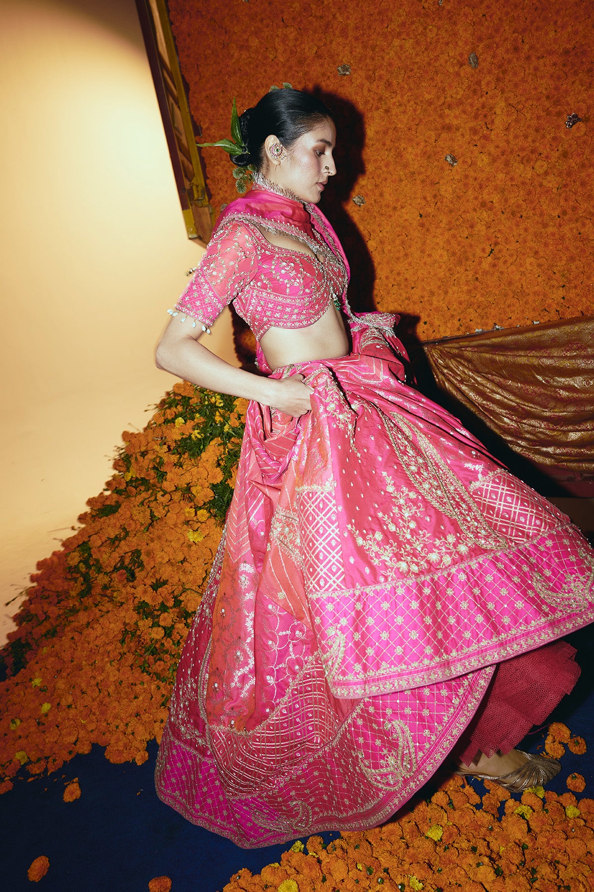Abstract Pink and Peach Silk Banarsi Lehenga Set