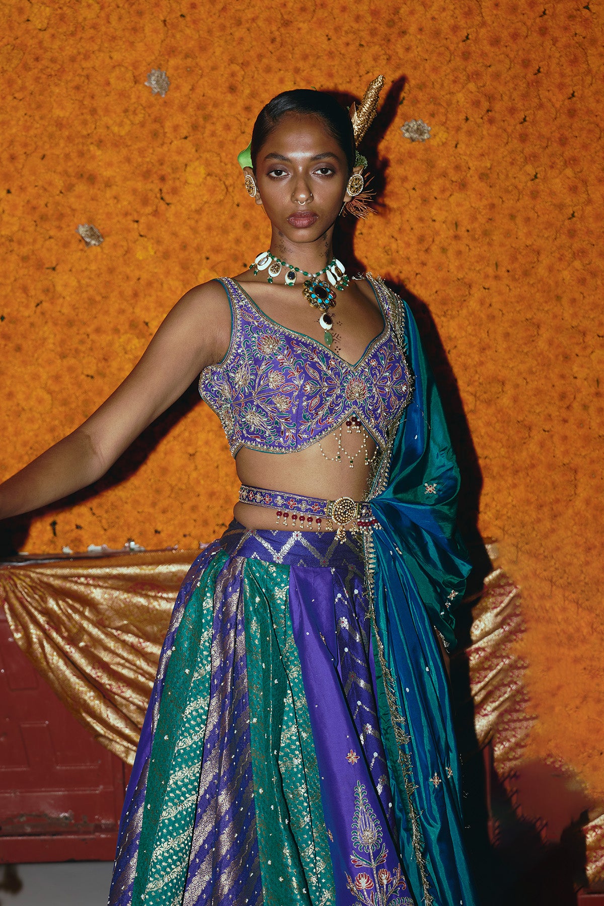 Purple and Teal Silk Banarsi Lehenga Set