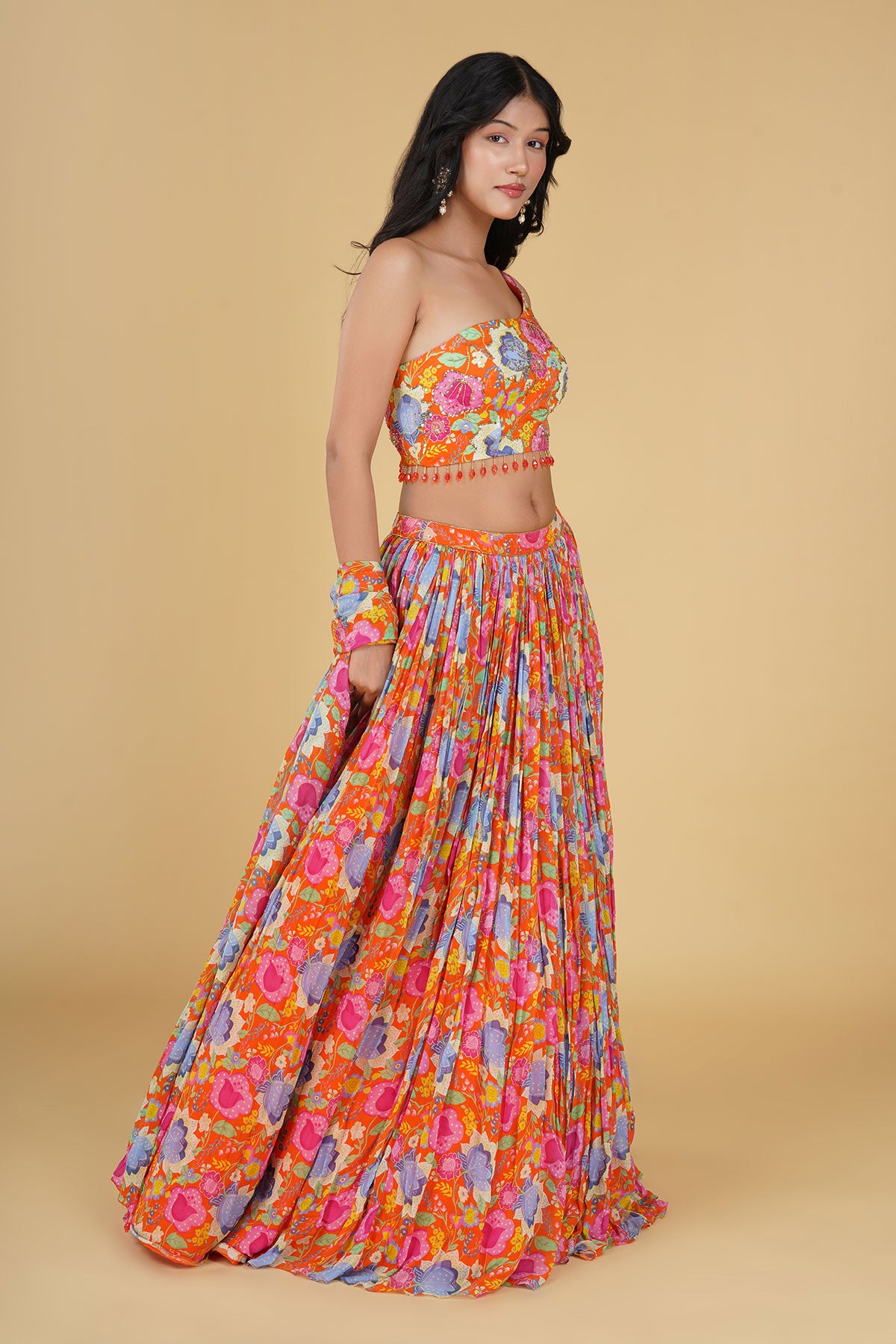 ORANGE JAAL HIGHLIGHTED AND PRINTED LEHENGA SET
