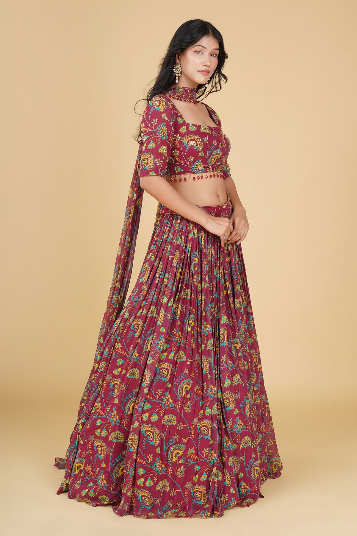 MAROON JAAL HIGHLIGHTED AND PRINTED LEHENGA SET