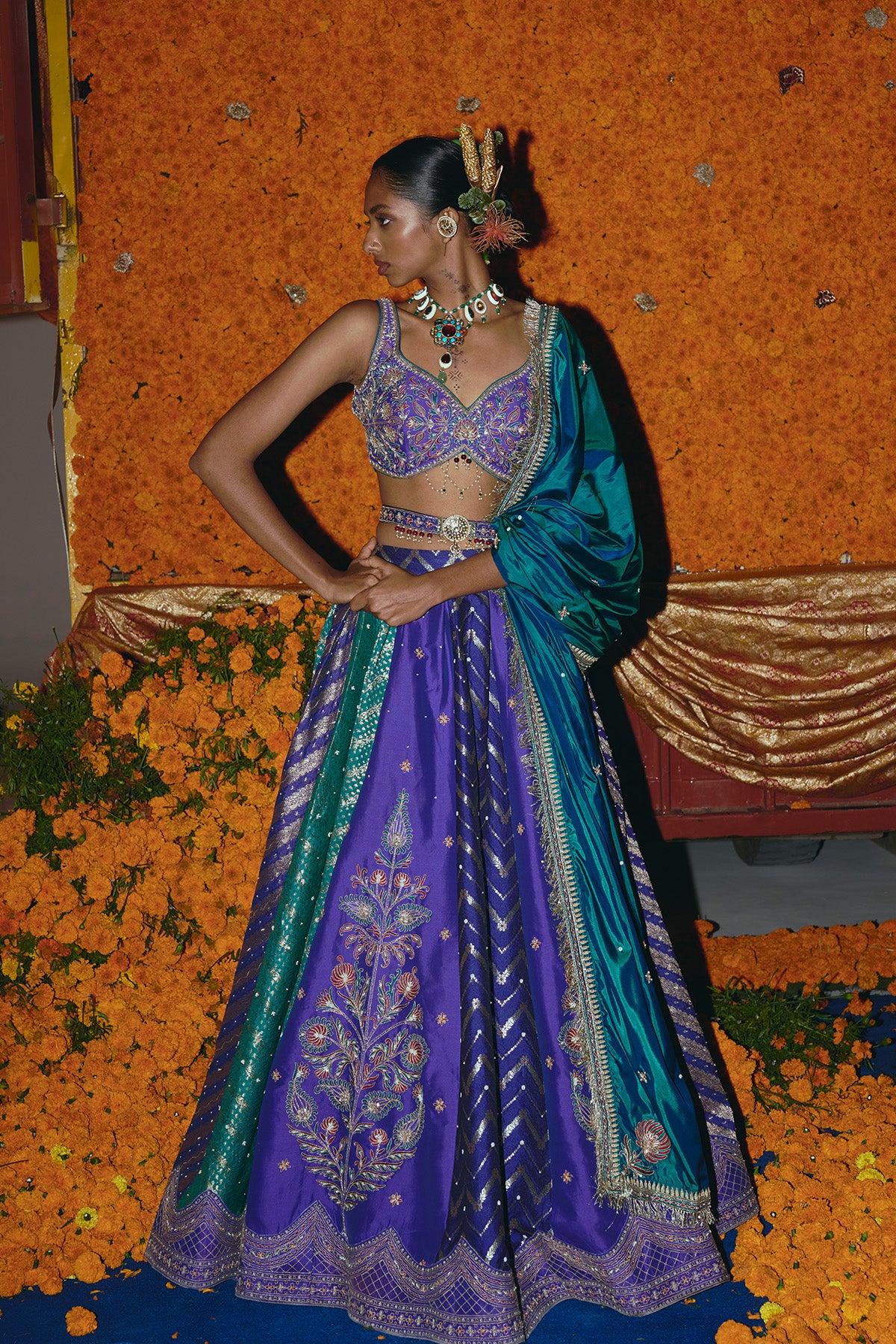 Purple and Teal Silk Banarsi Lehenga Set
