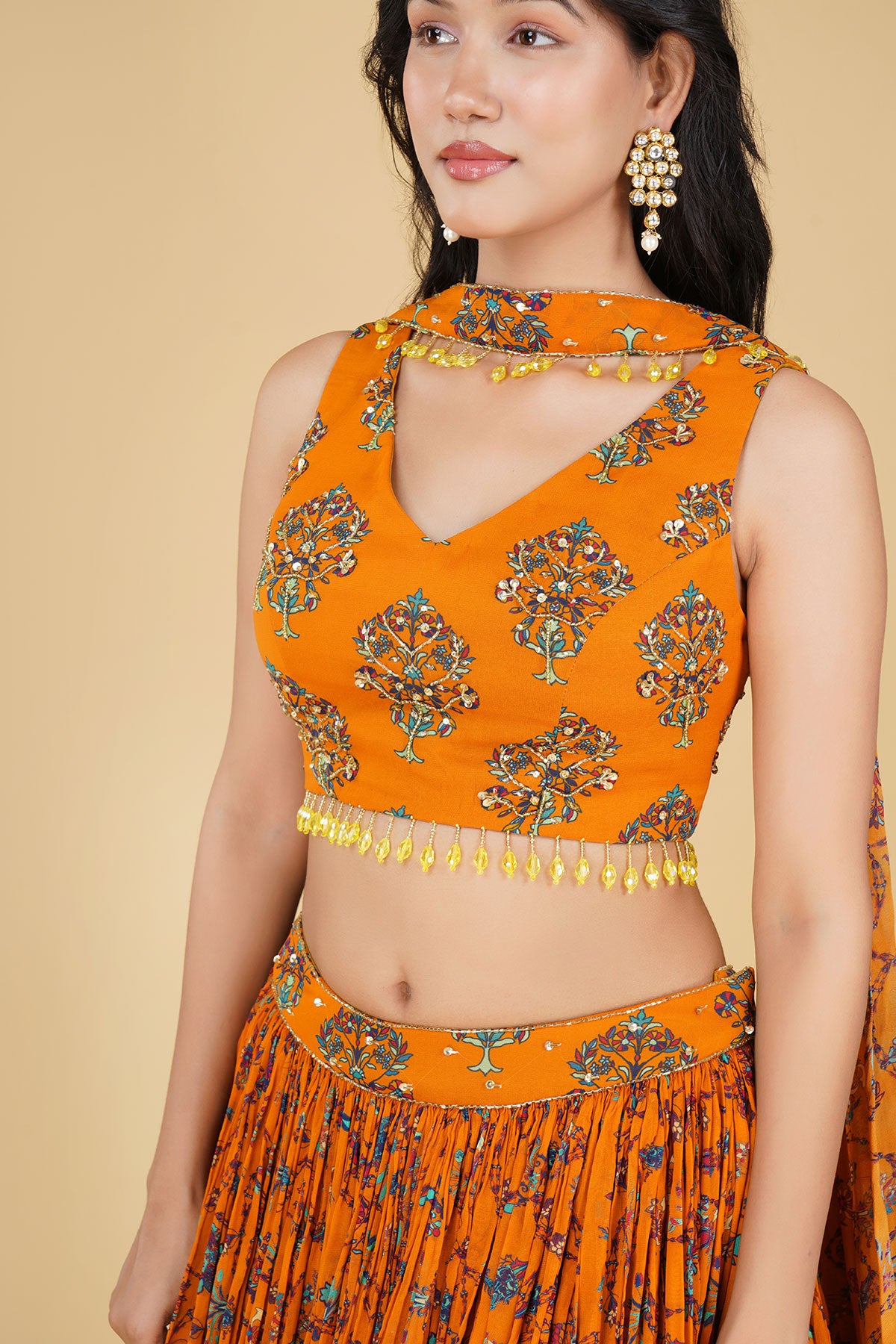 YELLOW JAAL HIGHLIGHTED AND PRINTED LEHENGA SET