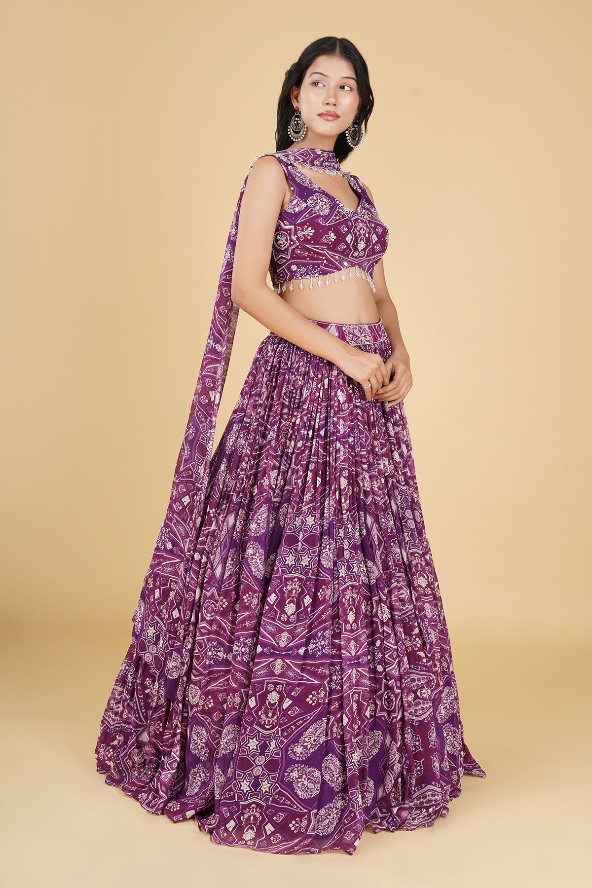 WINE JAAL HIGHLIGHTED AND PRINTED LEHENGA SET