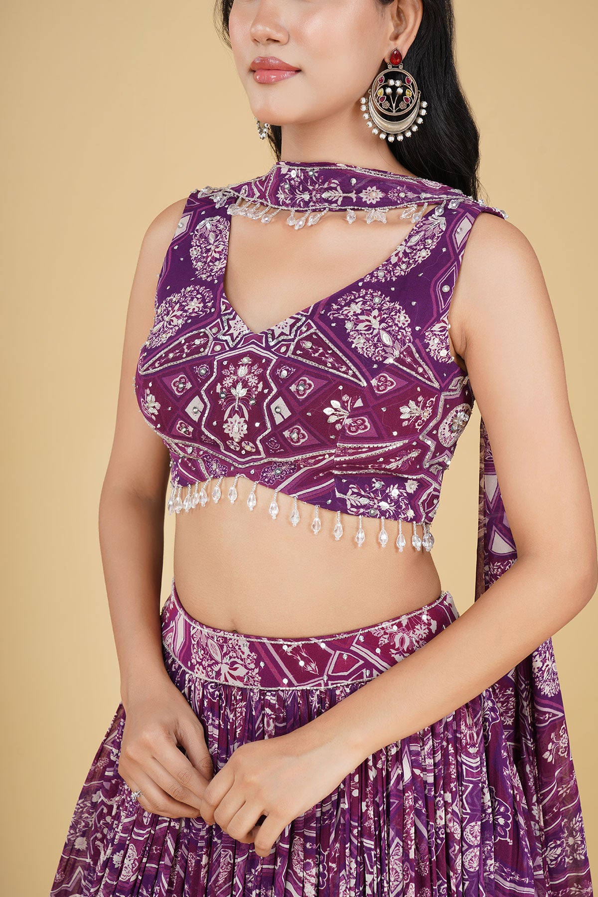 WINE JAAL HIGHLIGHTED AND PRINTED LEHENGA SET