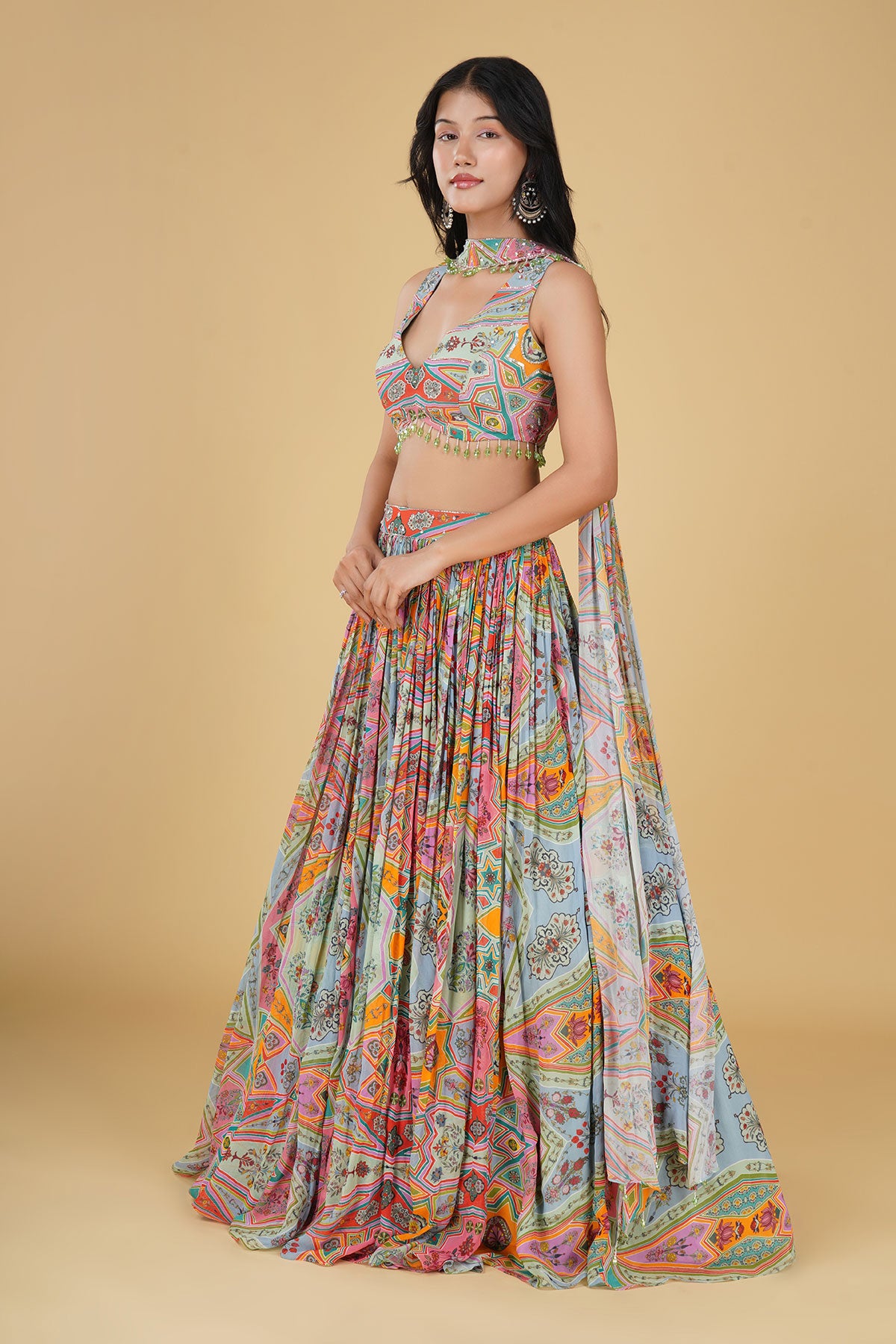 PASTEL YELLOW JAAL HIGHLIGHTED AND PRINTED LEHENGA SET
