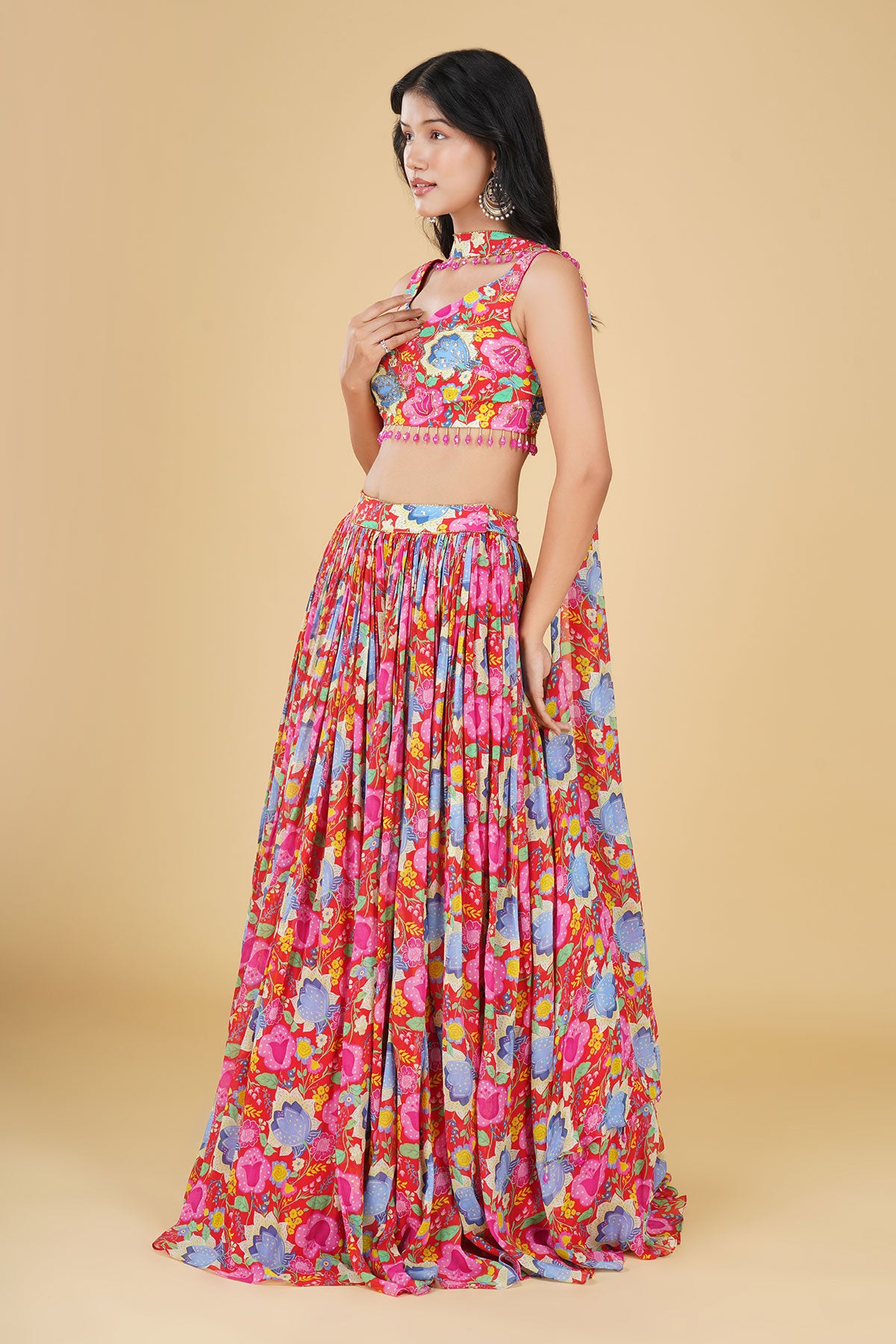 RUST HIGHLIGHTED JAAL AND PRINTED LEHENGA SET