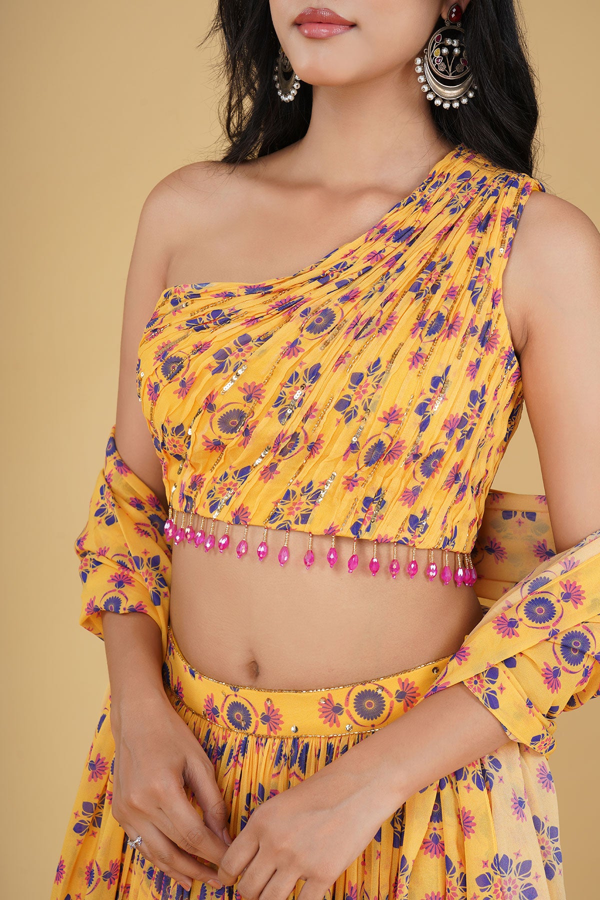 YELLOW JAAL HIGHLIGHTED AND PRINTED LEHENGA SET