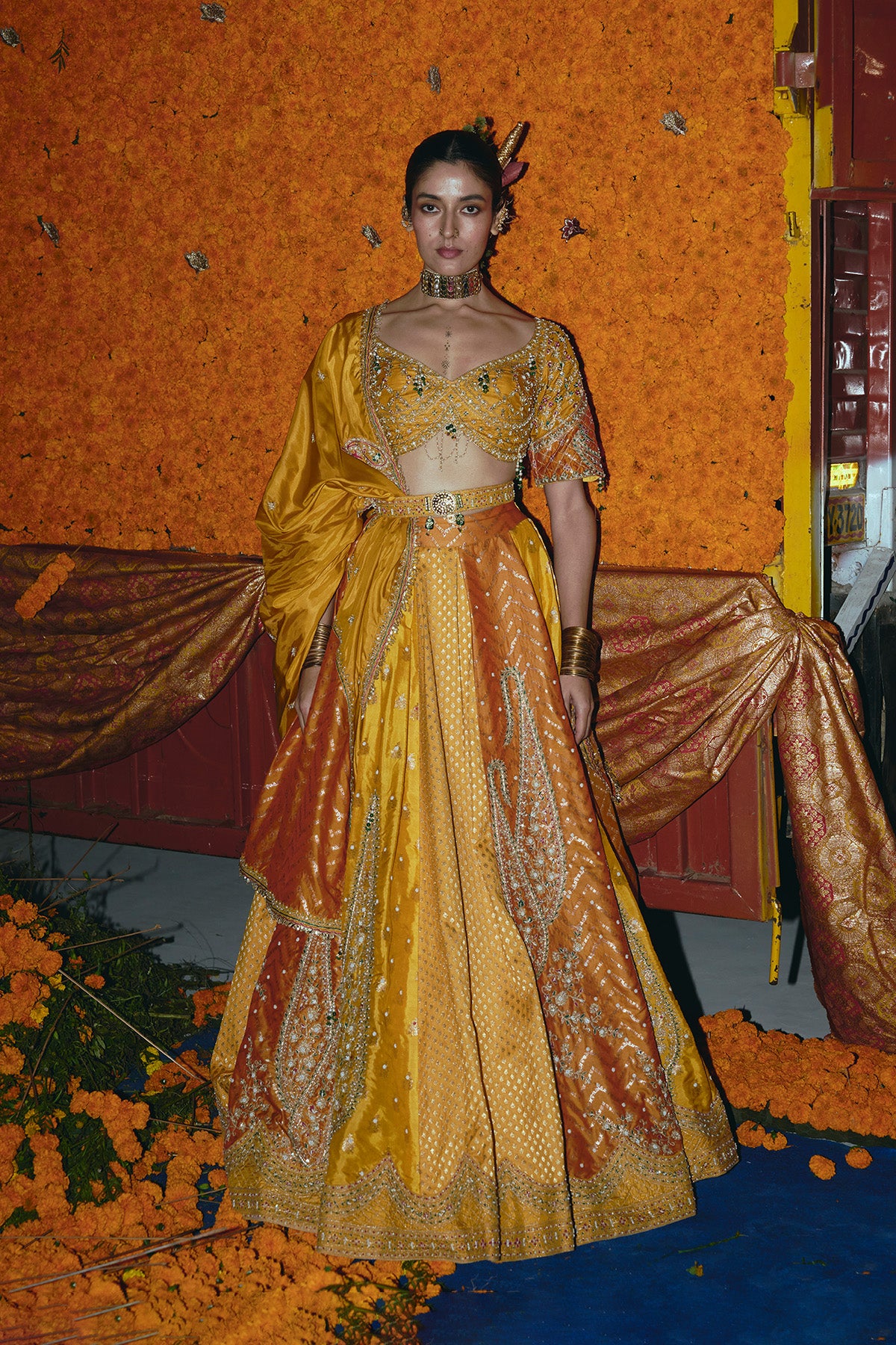 Yellow and Ochre Silk Banarsi Lehenga Set