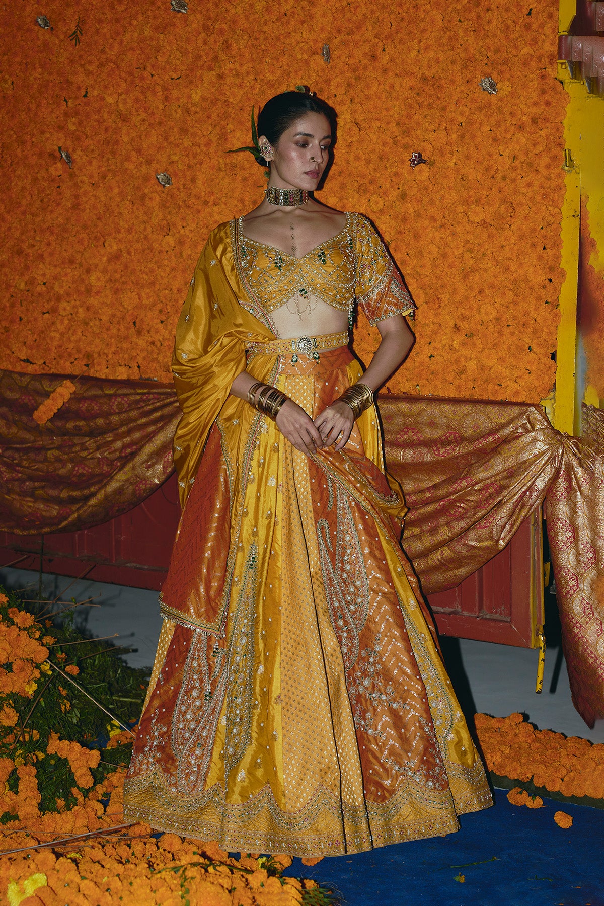 Yellow and Ochre Silk Banarsi Lehenga Set