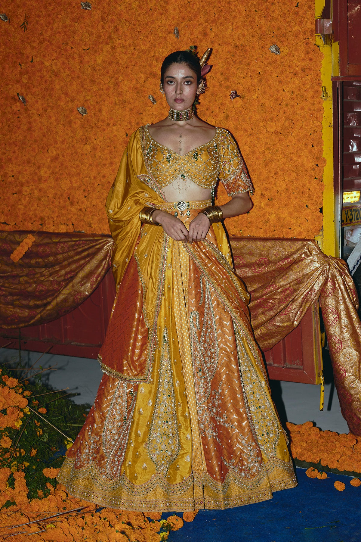Yellow and Ochre Silk Banarsi Lehenga Set