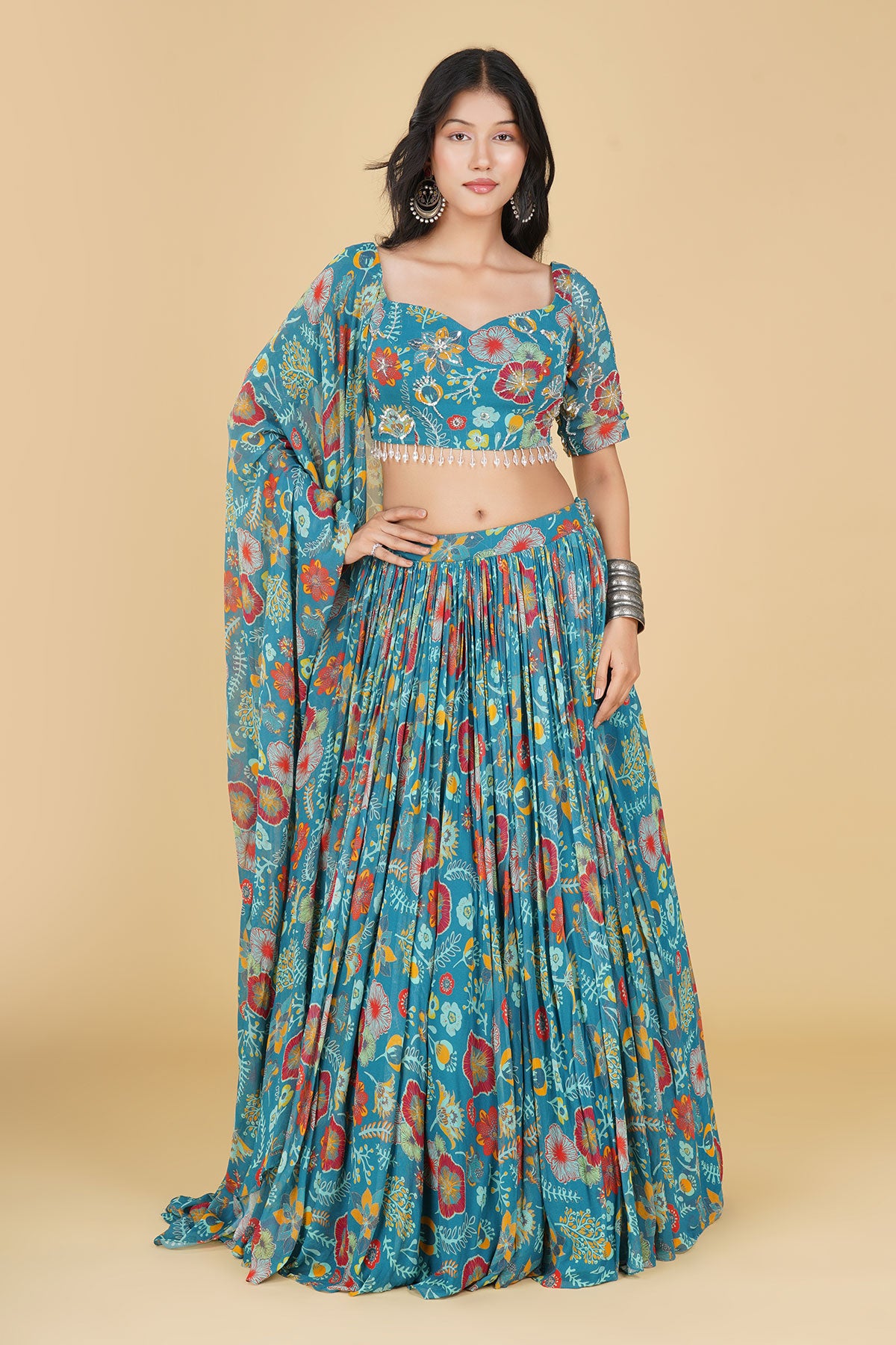 TEAL JAAL HIGHLIGHTED AND PRINTED LEHENGA SET